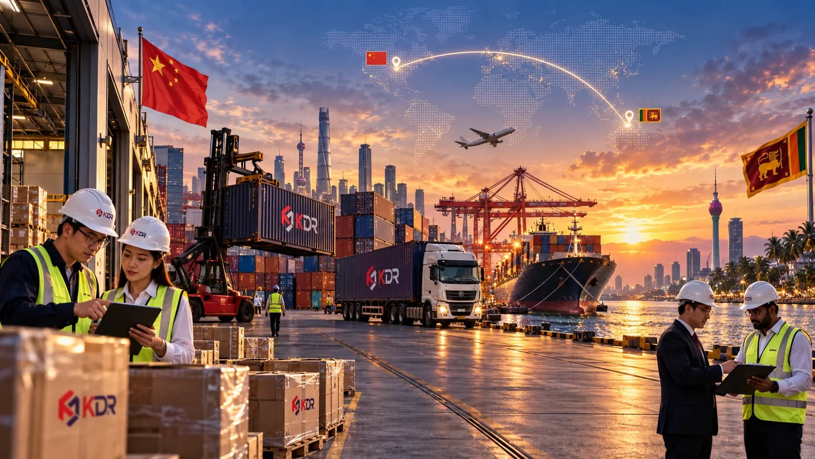 Shipping route from China to Sri Lanka with containers at port